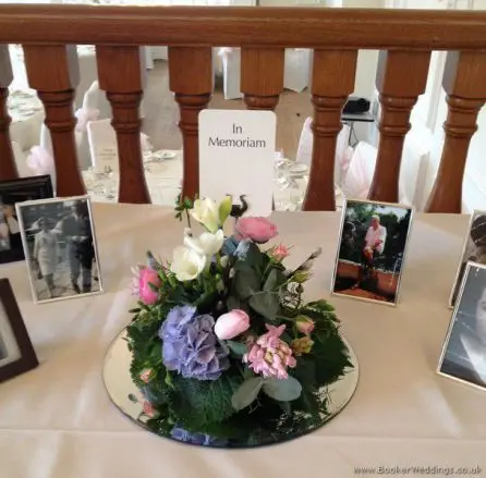 Pink and Blue Wedding Flowers Mirror Plate Centrepieces at West Tower Aughton