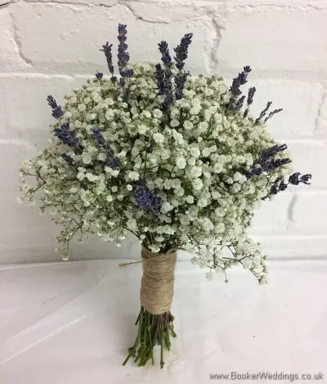 Semi-Wild Bridesmaid Bouquet of Gypsophila and Lavender tied with twine side view