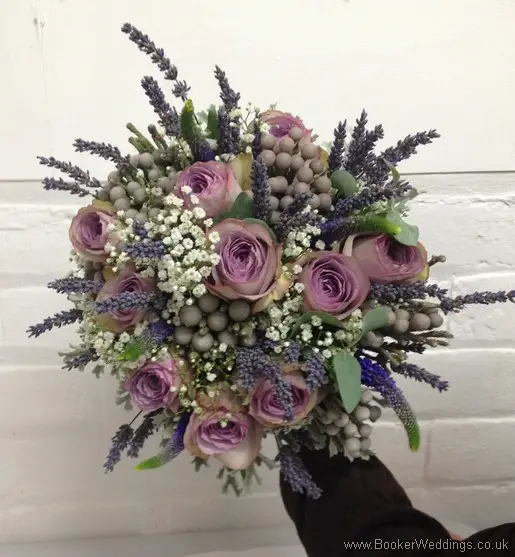 Just Picked but Neat Lilac and Purple Bridal Bouquet with Rose, Veronica, Gypsy Grass, Brunia Berries, Grey Senecio Leaves and Lavender tied with twine