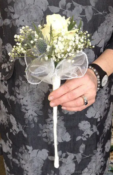 White Rose, Blue Eryngium and Gypsophila Flower Girl Wand Bouquet Side View
