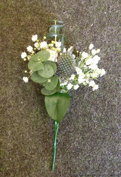 White Rose, Blue Thistle and Gypsophila Pin Corsage