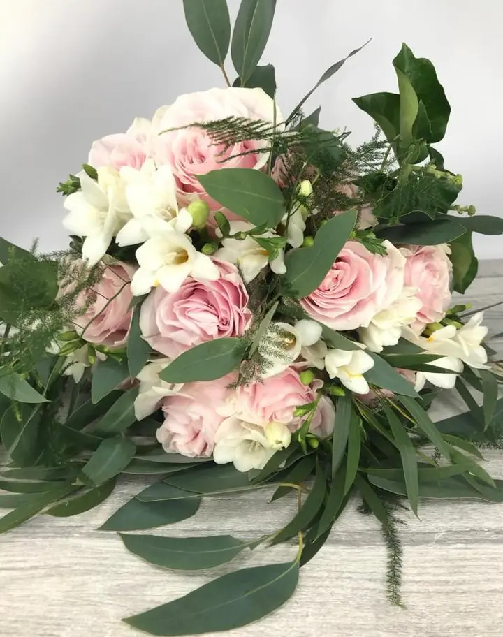 Pink Rose and White Freesia Handtied Bouquet
