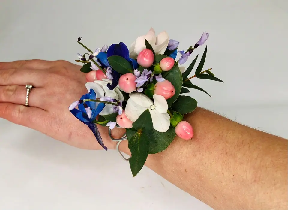 Wrist Corsage for Spring Wedding with Delphinium