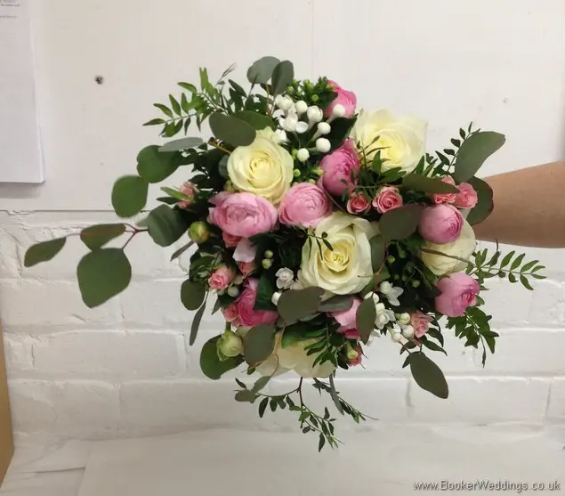 Semi-wild pale pink and cream with lots of textures & foliage Bridesmaid Bouquet with roses, ranunculus, bouvardia, spray roses and eucalyptus