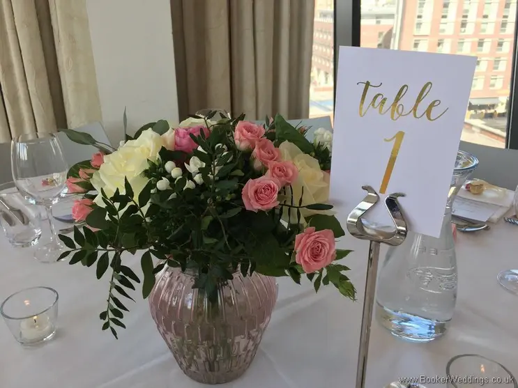 Semi-wild pale pink and cream with lots of textures & foliage Table Centrepieces at the Hope Street Hotel, Liverpool