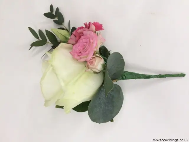 White Rose and Pink Spray Rose Groom Buttonhole