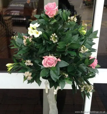 Dusky Pink and White Rose Bay Tree Entrance Arrangement at Thornton Hall Hotel Close Up
