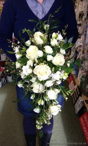 All White Hand-tied Bridal Shower Bouquet with Roses, Freesia and Waxflowers