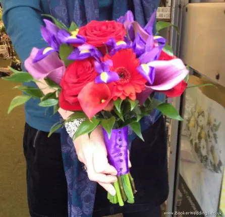 Rose, Gerbera and Calla Lily Brides Bouquet Side View