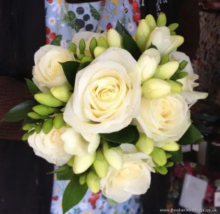 All White Rose and Freesia Bridesmaid Bouquet