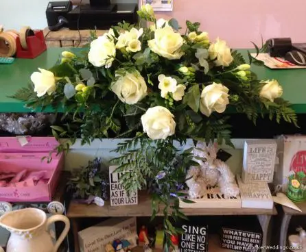 All White Rose and Freesia Table Arrangement