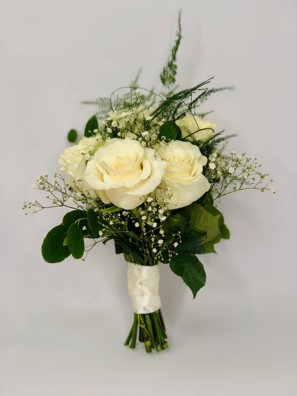 White Rose Bridesmaid Bouquet with Fern