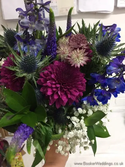 Blue, Purple, Lavender and Wine coloured rustic bridal bouquet