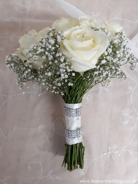 Bride Handtied bouquet of white Roses, Gypsy Grass and bling