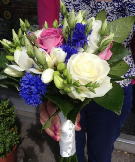 White and Pink Rose and Blue Bridesmaid Bouquet Side
