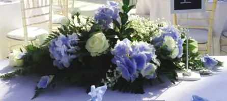 White Rose Blue Hydrangea Top Table Arrangement Back