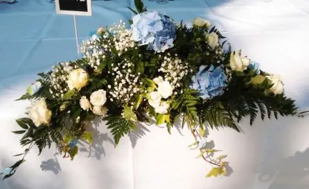 White Rose Blue Hydrangea Top Table Arrangement Front