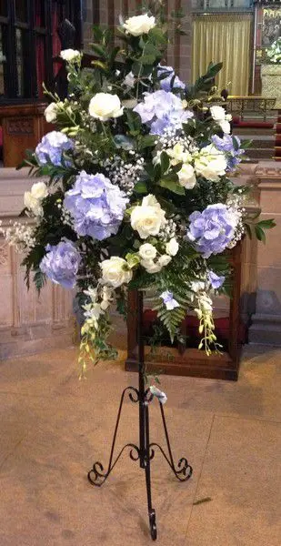 White Rose and Blue Hydrangea Pedestal Arrangement