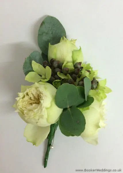 Ivory and greenery Spray Rose and Vibernum Pin Corsage