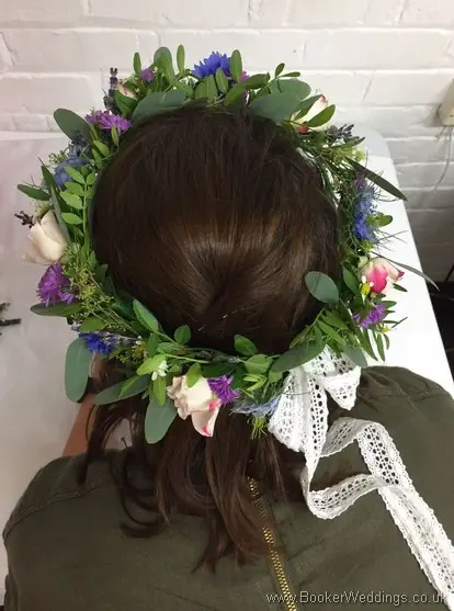 Bridal hair crown with Tanacetum, Aster, Cornflower, Nigela, spray roses, Lavender, Eucalyptus Back view