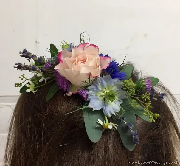 Bridesmaid Hair Comb with Tanacetum, Aster, Cornflower, Nigela, spray roses, Lavender, Eucalyptus
