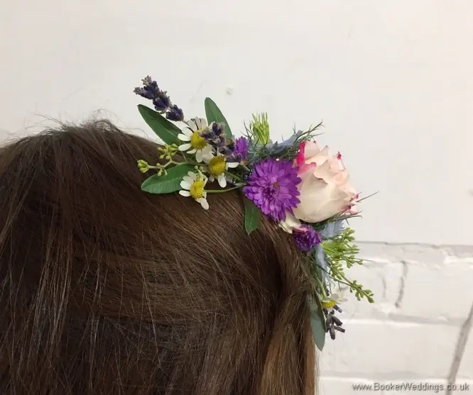 Hair comb in a rustic style with Tanacetum, aster, spray roses and lavender