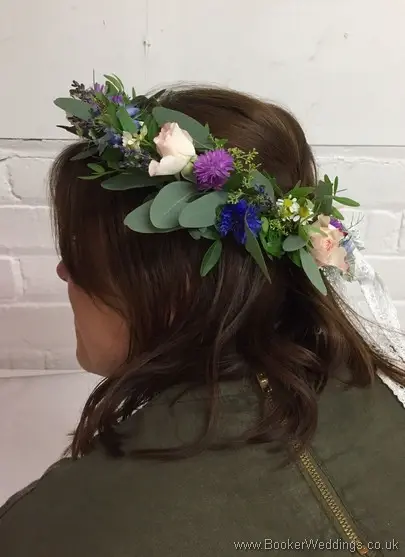 Hair crown for Bride with Tanacetum, Aster, Cornflower, Nigela, spray roses, Lavender, Eucalyptus Side View