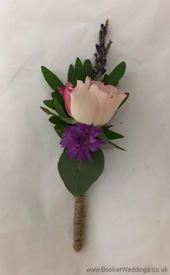 Just picked country wild style buttonhole with spray roses, aster and lavendar tied with twine