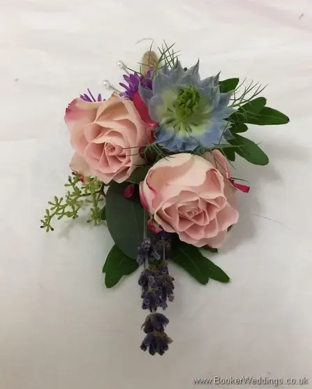 Just picked rustic country pin corsage with spray roses, lavendar, nigela, asters and thlaspi