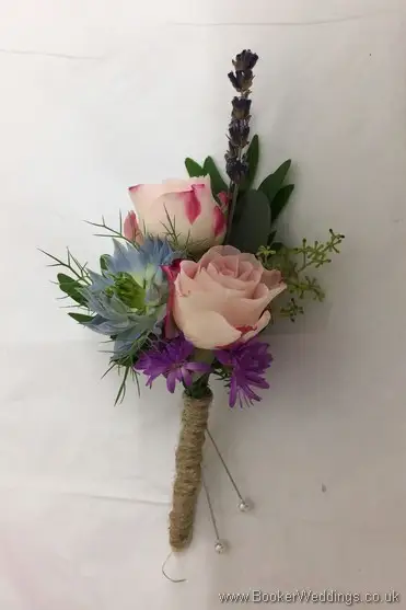 Rustic just picked Grooms Boutonniere of spray roses, nigela, aster, lavendar and thlaspi