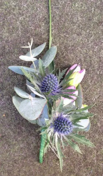 Eryngium and Freesia Grooms Buttonhole