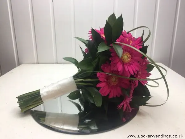 Pink Gerbera and Beargrass Bride Hand Tied with Ribbon Handle