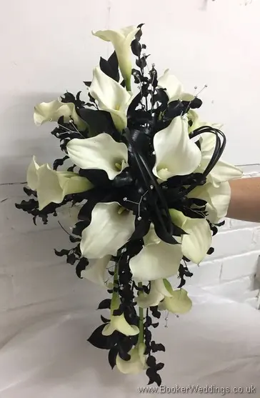 Bridal Shower Bouquet of Calla Lillies, black foliages and diamantes_side view