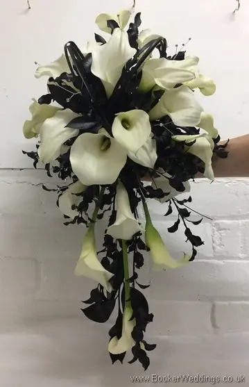 Bridal Shower Bouquet of Calla lillies, black foliages and diamantes_front