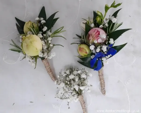 Buttonholes  Peony Spray Rose and Gypsy Grass For Wedding Party