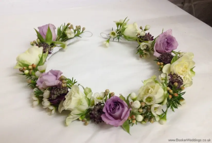 Ivory & Lilac Flowergirl Head Circlet with roses, wax flowers and astrantia