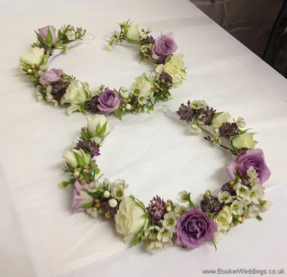Ivory & Lilac Flowergirl Head Circlets with roses, wax flowers and astrantia