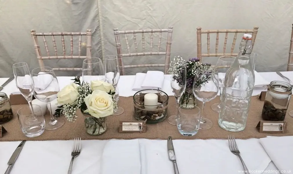 Rustic Wedding Glass Jar Table Centrepieces White Roses Limonium and Gyp