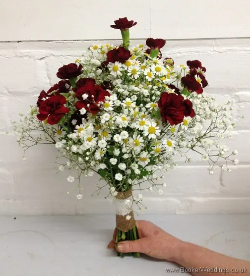 Just Picked Hand Tied Bridal Bouquet of Tanacetum Daisy, Burgundy Spray Carnation and Gypsy Grass Side View