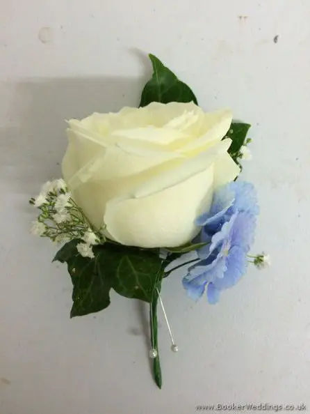 Ivory Rose and Pale Blue Hydrangea Grooms Buttonhole