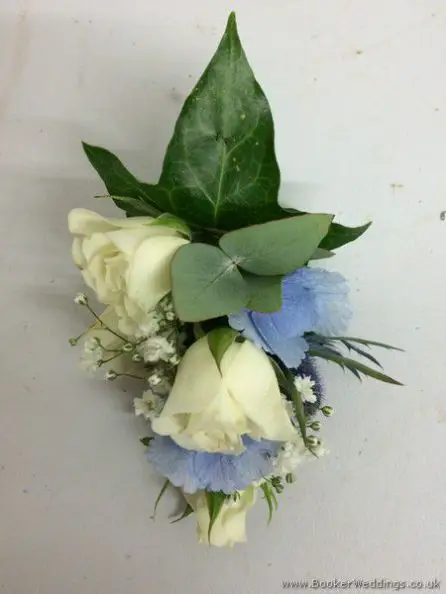 Ivory and Blue Spray Rose and Hydrangea Pin Corsage