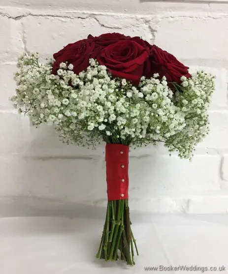 Hand tied Bridal bouquet with red roses and a gypsophila collar_side