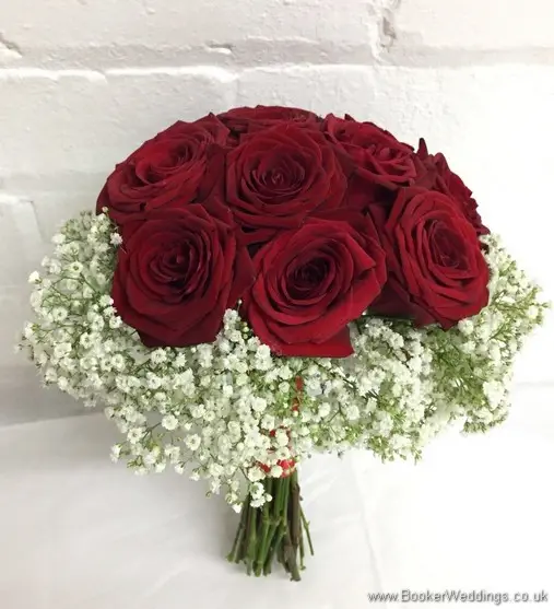Hand tied Bridal bouquet with red roses and a gypsy grass collar_side view
