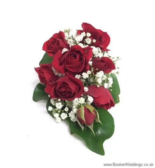 Red and white rose and gypsy grass pin corsage for mother