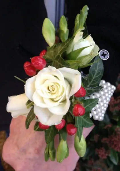 White Rose and Red Hypericum Wrist Corsage Wedding Flowers
