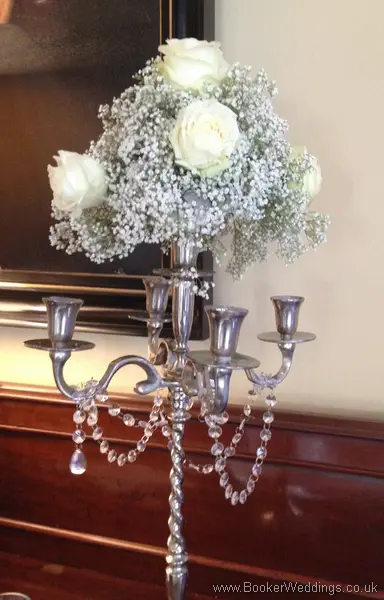 All White Rose and Gypsophila Tall Candelabra Arrangement Close Up at The Racquet Club