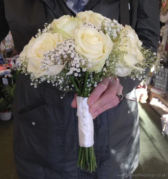 All White Rose, Gypsophila and Gypsy Grass Brides Bouquet Side View