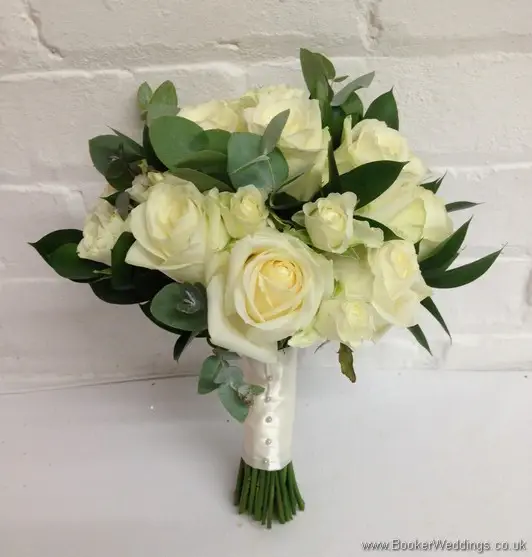 White rose and spray rose bridal bouquet side view
