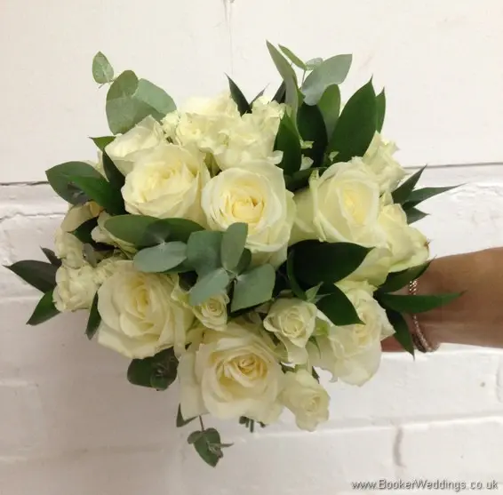 White rose, spray rose, eucalyptus and ruscus bridal bouquet