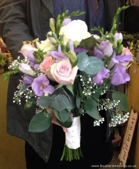 Pink, Lilac and White Rose and Freesia Brides Bouquet Side View